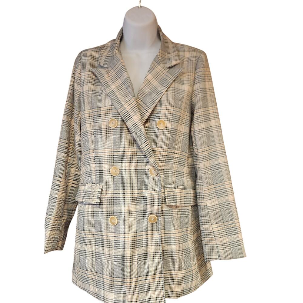 EUC IVIVI Plaid‎ Double Breasted Long Blazer Ivory, Navy, Brown Sz S